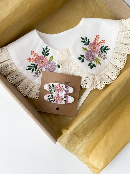 Girls&rsquo; Embroidered Collar and Hair Clips Set Flower Bouquet